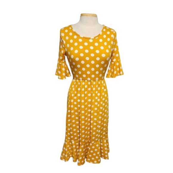 Mustard Yellow Polka Dot Retro Rockabilly Waist Midi Dress Ruffle Fit Flare Soft - Picture 1 of 9